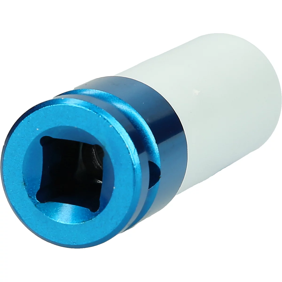 Ein blau-weisses Werkzeug mit quadratischer Öffnung. Der blaue Teil ist aus Metall.